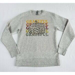 Women's Grateful Leopard Print Pumpkin Sweatshirt Grey Thanksgiving Fall Small